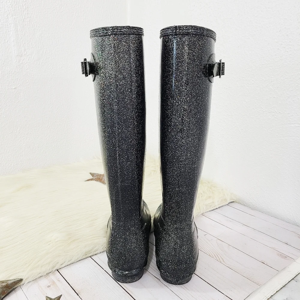 HUNTER Women's Original Tall Glitter Starcloud Black Wellies Rainboots size 6